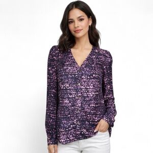 Tory Burch Silk Blouse Purple Black Blurred Dot XS Career Business Designer Luxe